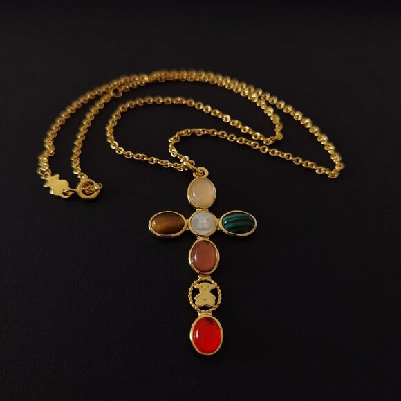 Tous Silver-Gold-Plated Cross Colored Gemstone Necklace - Picture 8 of 9